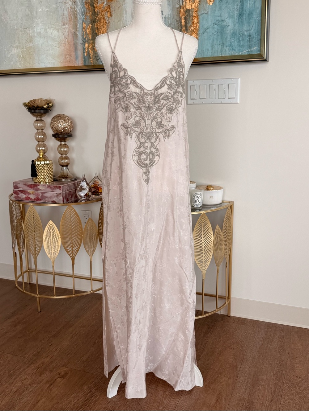 Lace Appliqué Satin Slip Dress in Blush